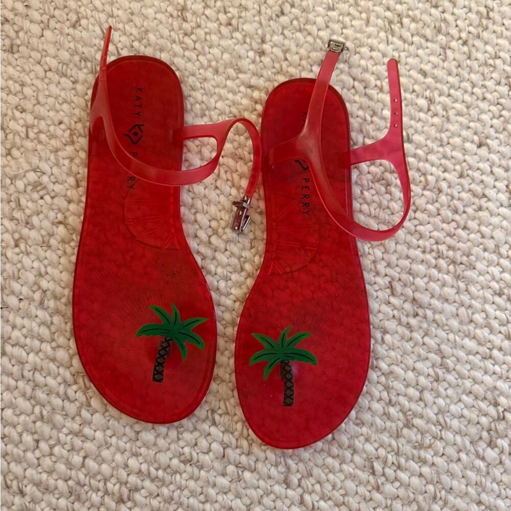Katy Perry Collections Red Jelly Sandals with Green Palm Tree Motif